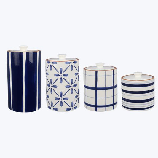 19672 CERAMIC CYLINDRICAL BLUE AND WHITE CANISTER SET/4