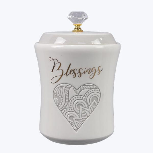 21669 CERAMIC WEDDING BLESSING JAR W/CRYSTAL KNOB W/40 BEST WISHES CARDS IN ORGANZA BAG