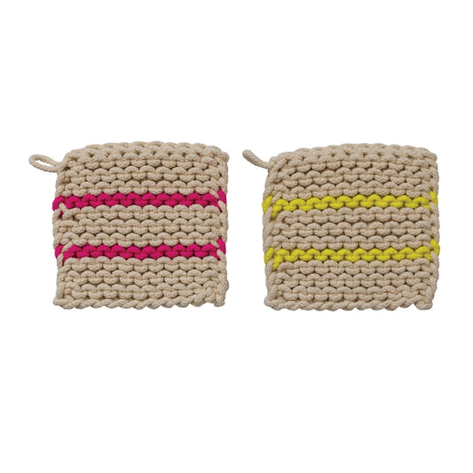 DF7515A Cotton Crochet Pot Holder W/ Neon Stripes, 2 Colors - A&B Wholesale Market Inc