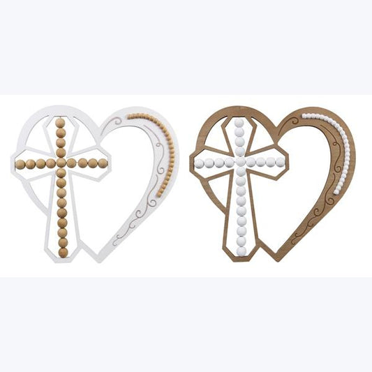 12547 WOOD INSPIRATIONAL HOME HEART SHAPED WALL ART WITH CROSS AND BEADS