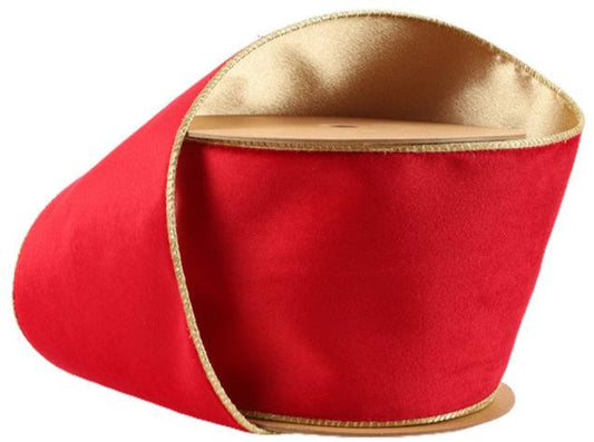 7115W-250-100E  4" Reversible Classic Velvet Wired Ribbon | Christmas Red/Gold 10Y