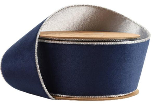 7115W-370-63E  2 1/2" Reversible Classic Velvet Wired Ribbon | Navy/Silver 10Y