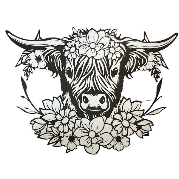 22547  METAL HIGHLAND COW FLOWER, 13.75"X13.25"