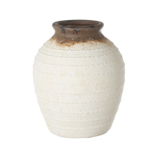 460183 Round Ceramic White and Brown Vase with Stripe Pattern