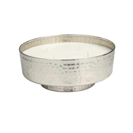 60546 SILVER METAL WHITE SAGE SCENTED WIDE HAMMERED 70 OZ 4 WICK CANDLE WITH WHITE WAX