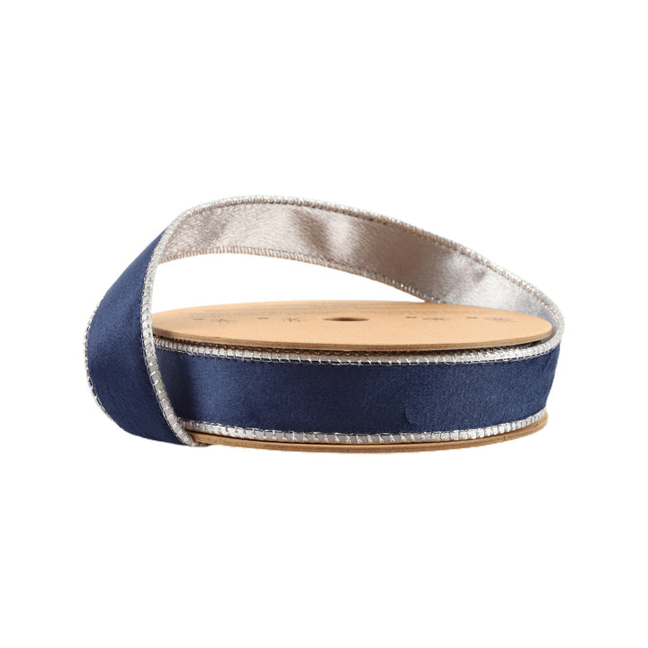 7115W-370-25E  1" Reversible Classic Velvet Wired Ribbon | Navy/Silver