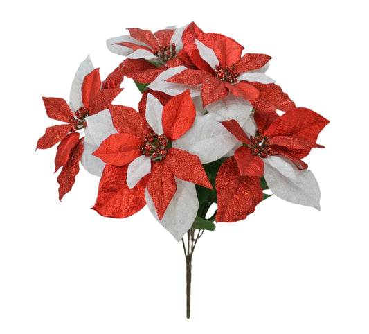 84480-WTRD   21" METALLIC VELVET POINSETTIA BUSH