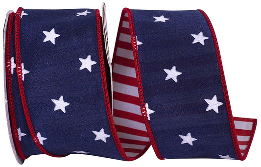 94149W-037-40F   Stars Dupioni Deluxe Striped Backing Wired Edge, Navy/red