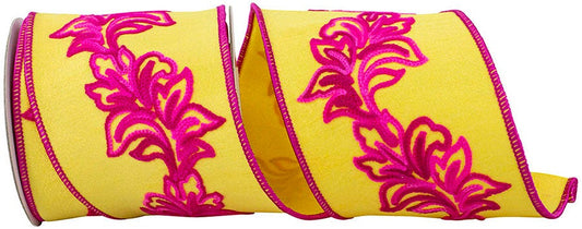 94315W-845-10D    Filigree Embroidery Leaf Vine Dupioni Deluxe Wired Edge, Yellow/fuchsia