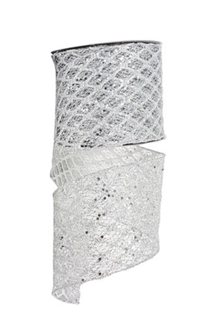 94377W-070-10F | 4" | SILVER | GLITTER MESH DIAMOND WEB SEQUIN DOTS WIRED EDGE