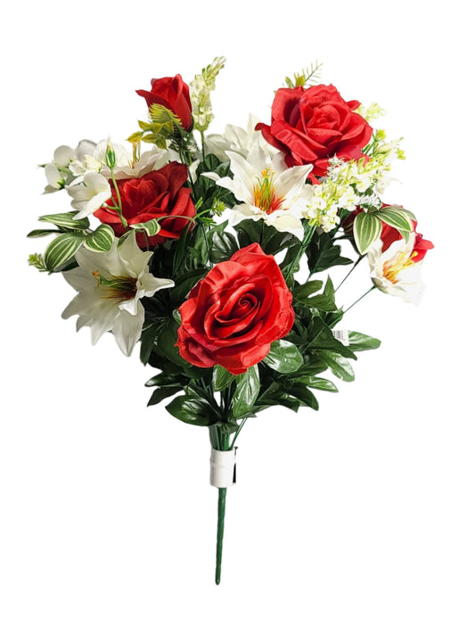 95664 Red/Cream Cabbage Rose/Lily Bush x12