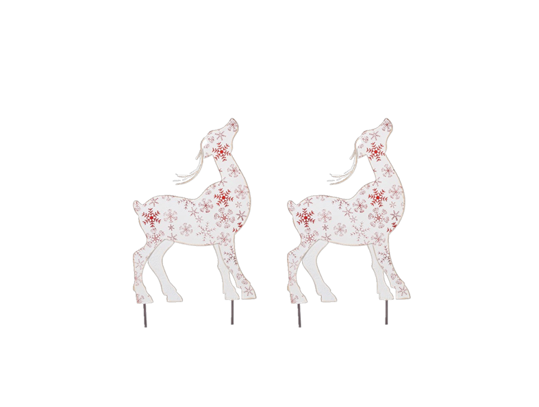 X24573  SMALL METAL WHITE SNOWFLAKE DEER STAKE SET OF 2