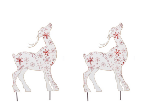 X24573  SMALL METAL WHITE SNOWFLAKE DEER STAKE SET OF 2