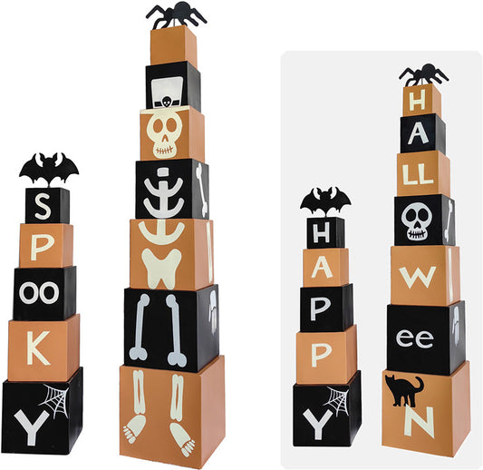 H24150  METAL ORANGE/BLACK HALLOWEEN/SPOOKY 2-SIDED BLOCK STACK S/2