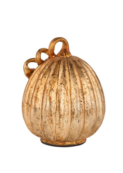 HA0506  7"H GLASS PUMPKIN W/FANCY CURL STEM- ANTIQUE COPPER GOLD