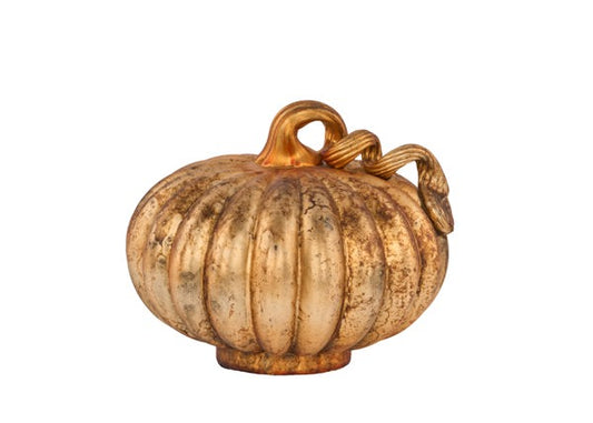 HA0507  7.75"DIA GLASS PUMPKIN W/FANCY CURL STEM- ANTIQUE COPPER GOLD