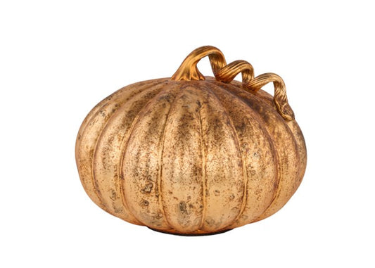 HA0508  9.25"DIA GLASS PUMPKIN W/FANCY CURL STEM- ANTIQUE COPPER GOLD