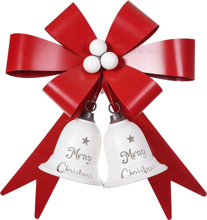 X24160  GIANT METAL WHITE MERRY CHRISTMAS DOUBLE BELL W/RED BOW