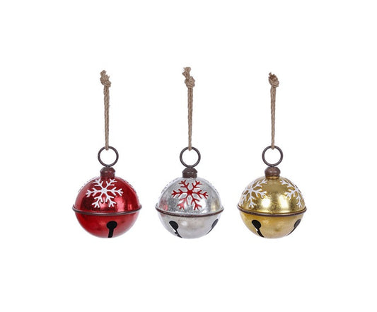 X24636 MEDIUM Metal RD/SL/GD Metallic Snowflake Bell Hanging 3/Asst